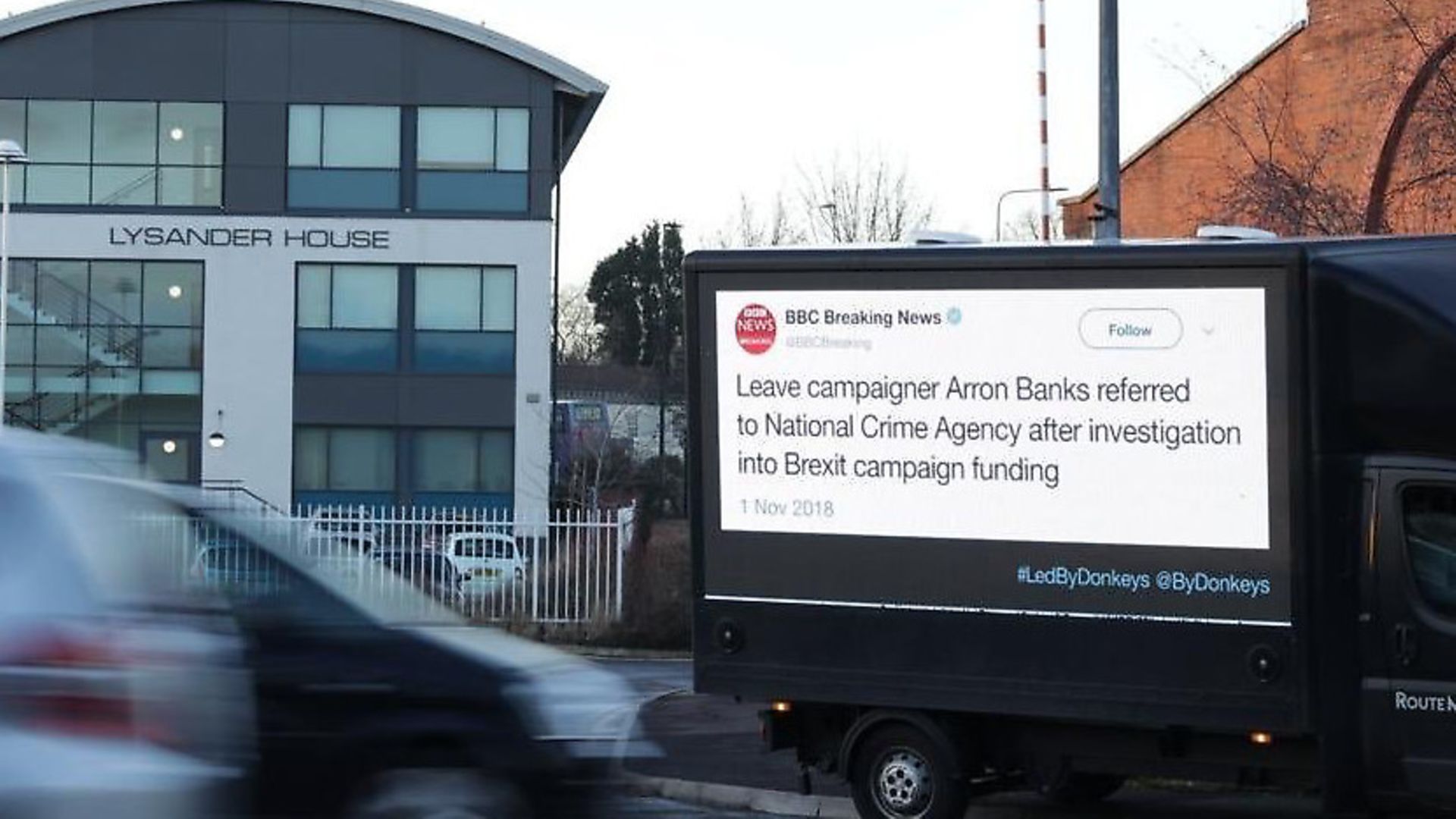 A mobile billboard created by Led By Donkeys containing a tweet about Arron Banks. Photograph: Led By Donkeys/Twitter. - Credit: Archant