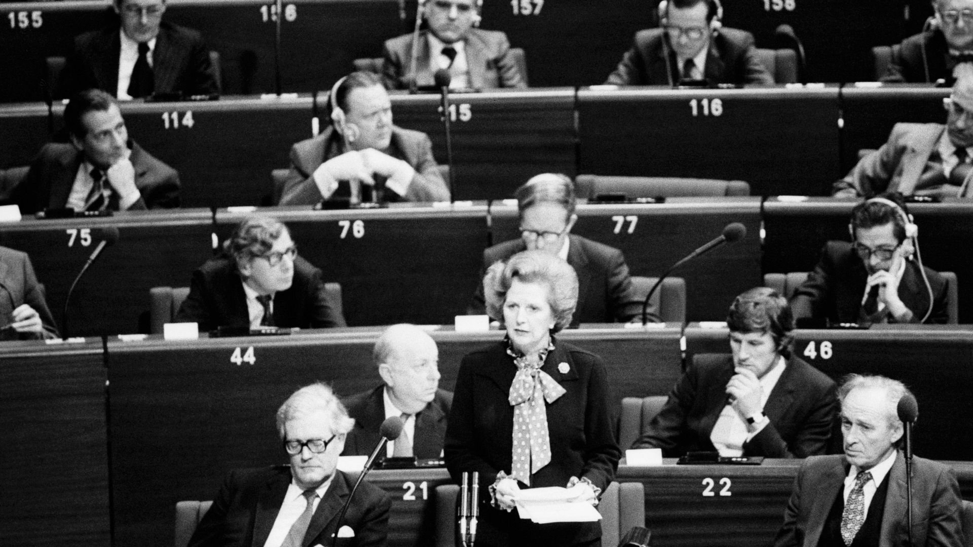 Margaret Thatcher speaking at a European Council meeting - Credit: Sygma via Getty Images