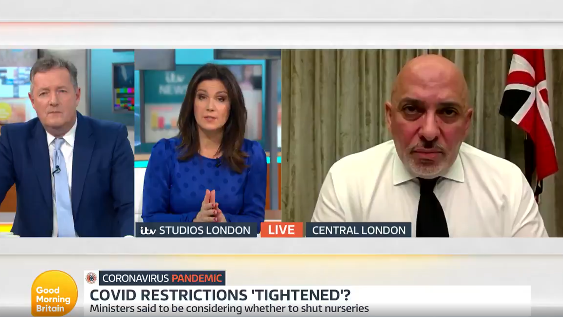 Nadhim Zahawi answers questions on Good Morning Britain - Credit: ITV