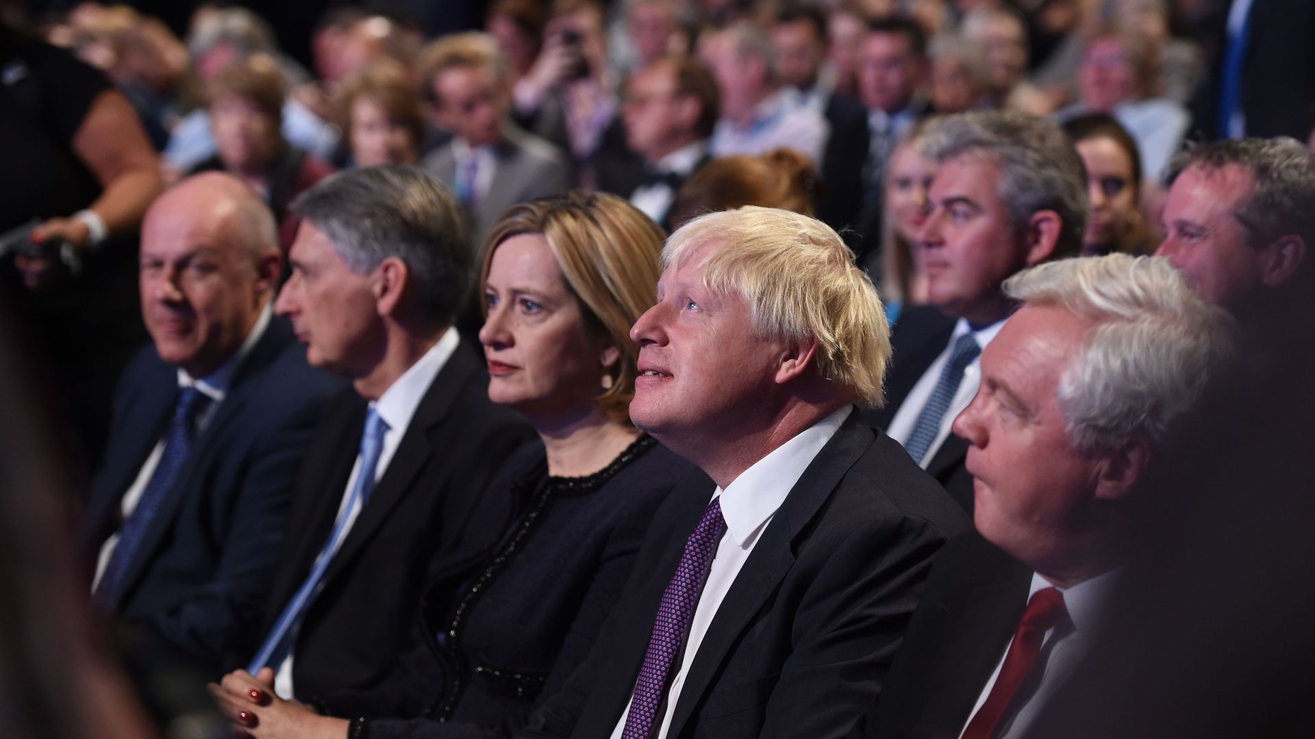 Former home secretary Amber Rudd (L) and Boris Johnson at a Conservative Party Conference at the Manchester Central Convention Complex in Manchester - Credit: PA