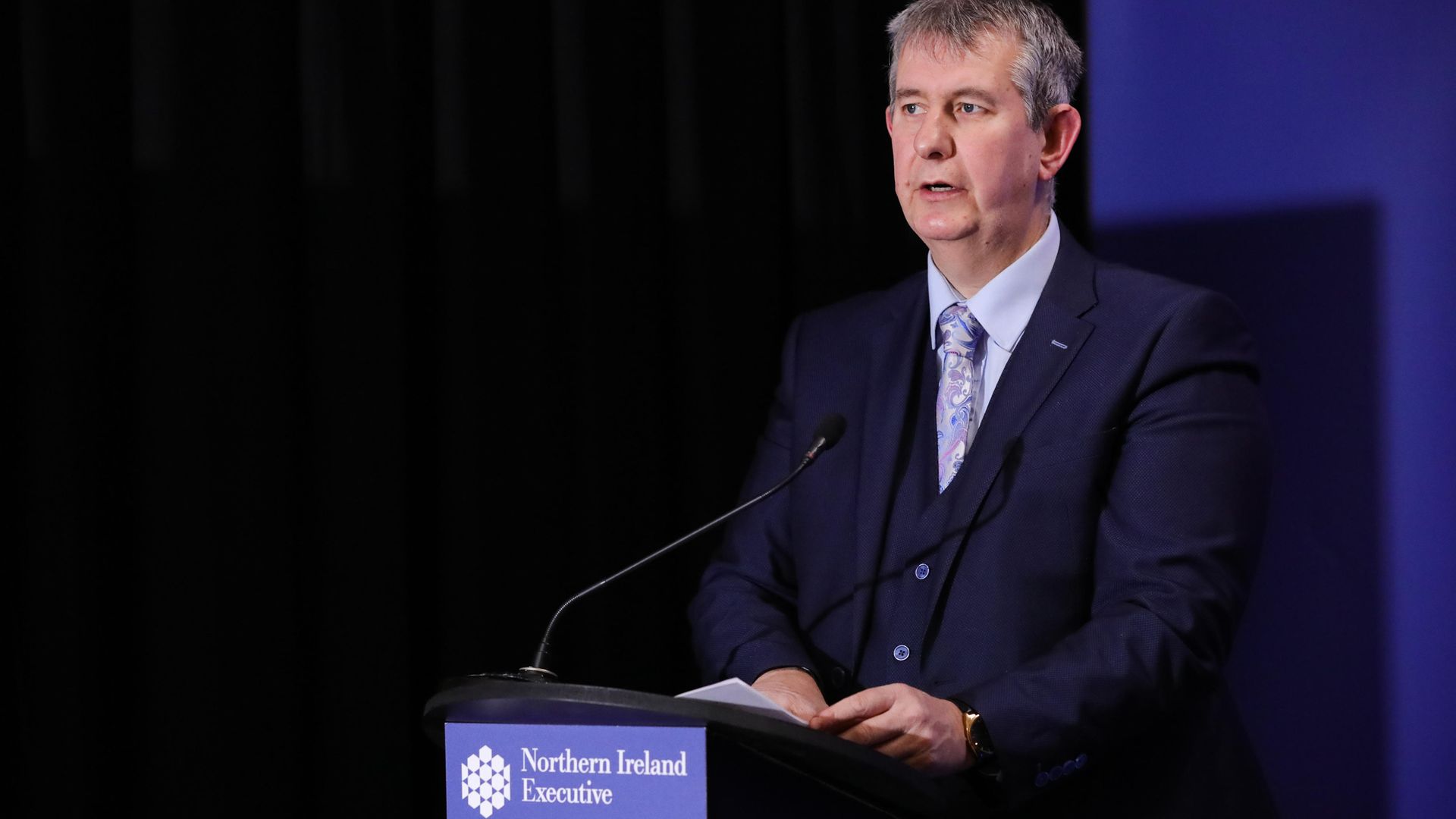 Edwin Poots, Minister of Agriculture, Environment and Rural Affairs during the daily media broadcast in the Long Gallery at Parliament Buildings, Stormont - Credit: PA