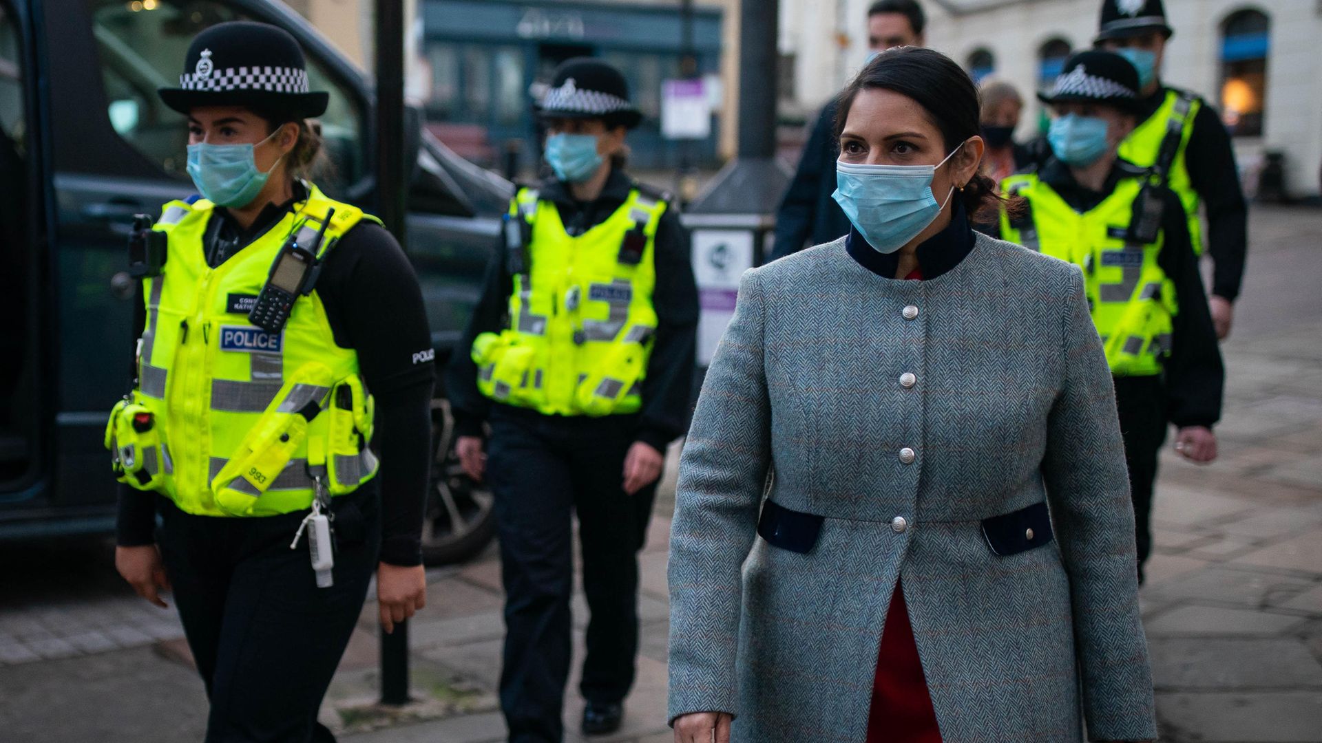 Home Secretary Priti Patel during a foot patrol with new police recruits around Bishop's Stortford, Hertfordshire - Credit: PA