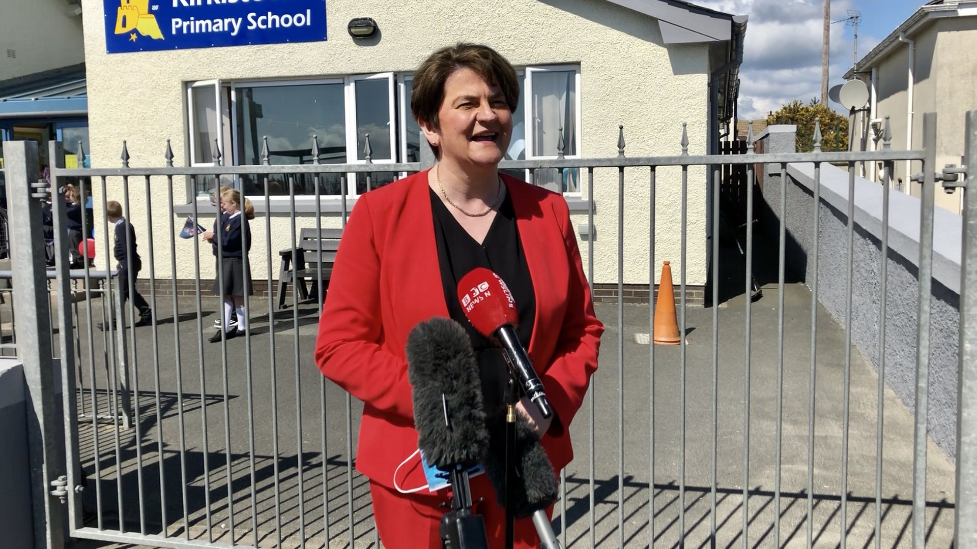 Arlene Foster during a visit to Kirkistown primary school in Co Down, Northern Ireland - Credit: PA