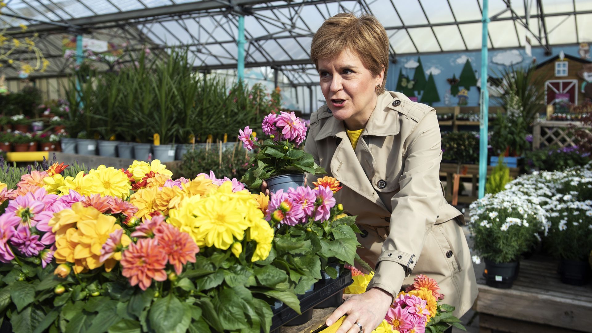 Scotland's first minister and leader of the Scottish National Party (SNP), Nicola Sturgeon during a visit to Rouken Glen Garden Centre in Giffnock, while campaigning for the Scottish parliamentary election - Credit: PA