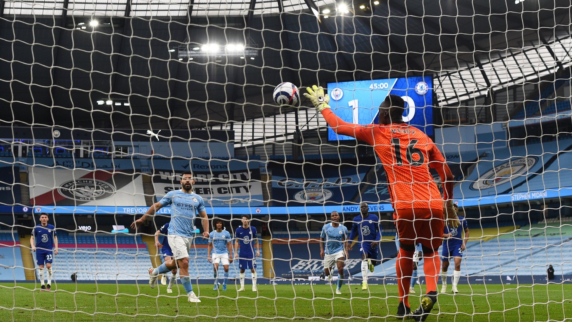 Edouard Mendy of Chelsea saves a penalty taken by Sergio Aguero of Manchester City during a Premier League match - Credit: Getty Images