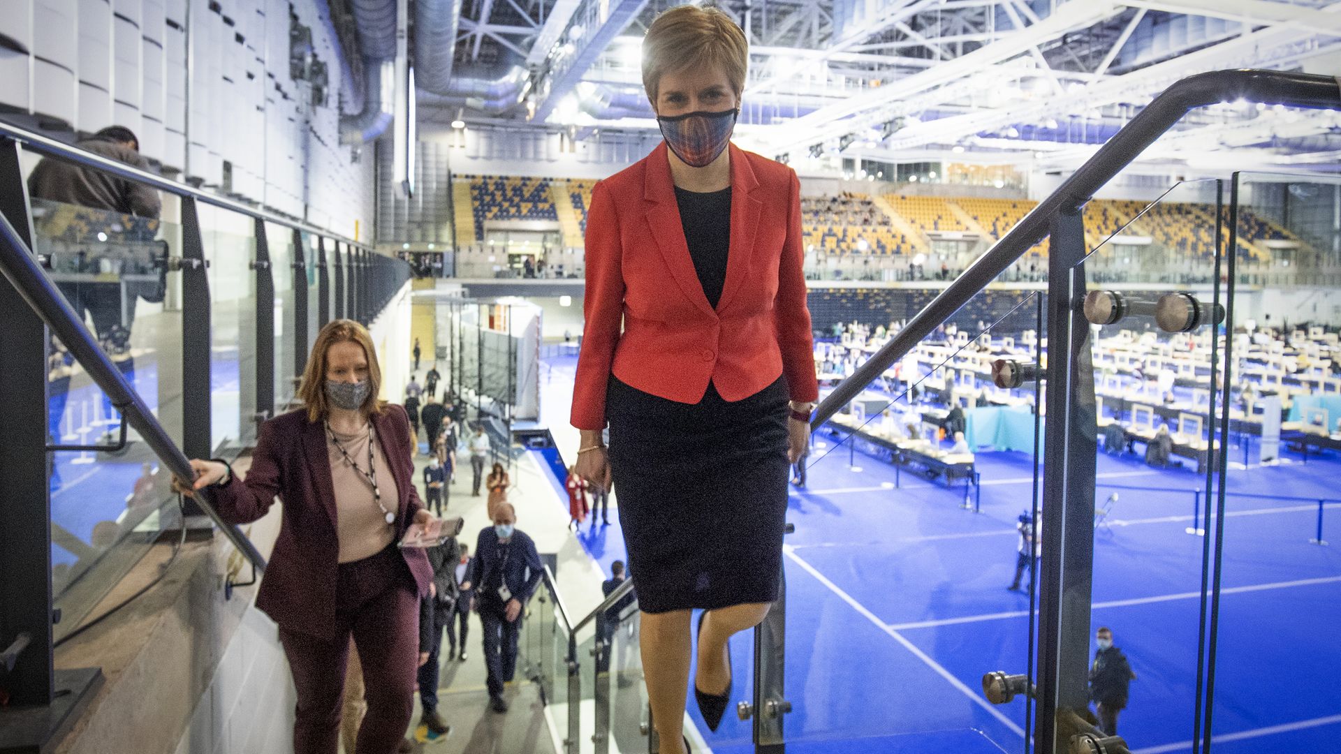 First minister and SNP party leader Nicola Sturgeon arrives at the count for the Scottish parliamentary elections at the Emirates Arena, Glasgow - Credit: PA