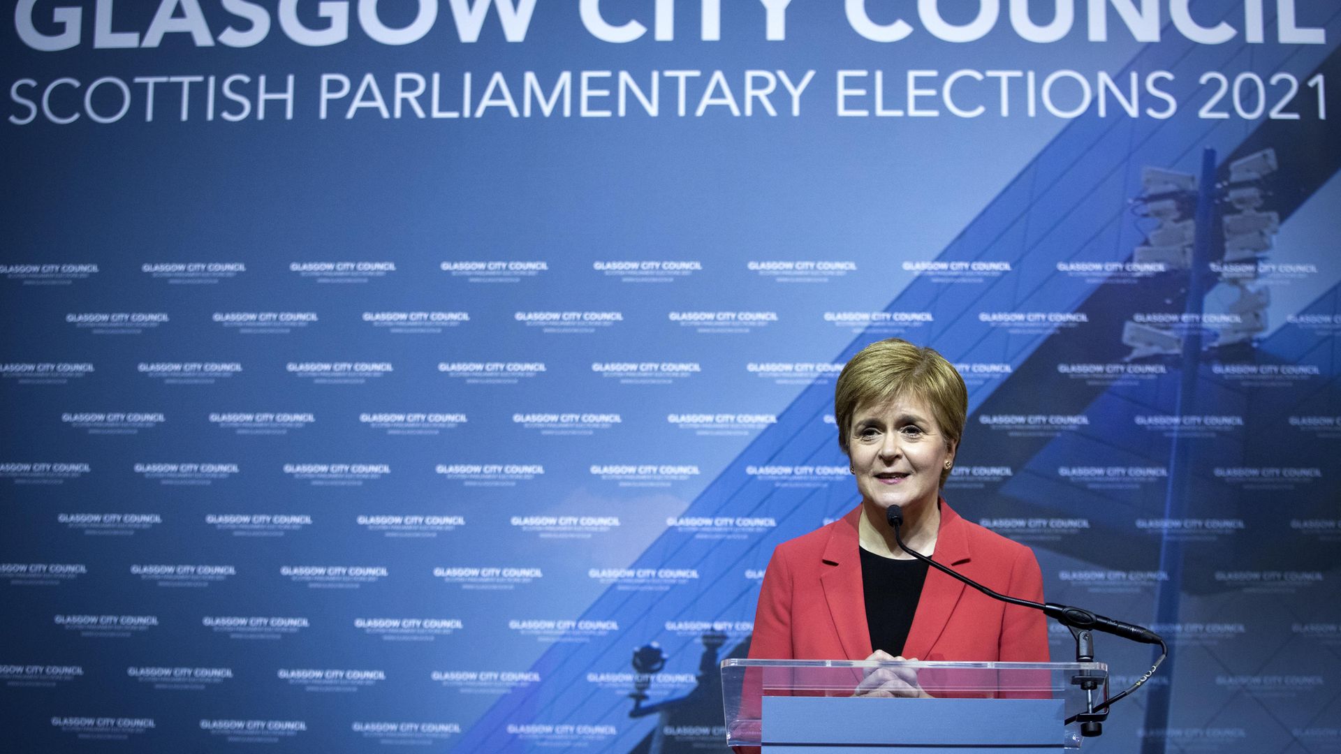 First Minister and SNP party leader Nicola Sturgeon delivers her speech on stage after retaining her seat for Glasgow Southside at the count for the Scottish Parliamentary Elections - Credit: PA