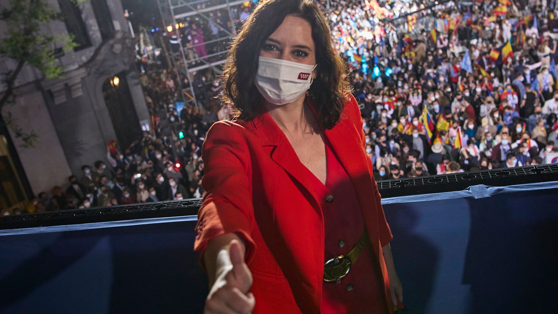 Isabel Diaz Ayuso on the balcony of her party headquarters on the night of the recent election - Credit: Europa Press via Getty Images