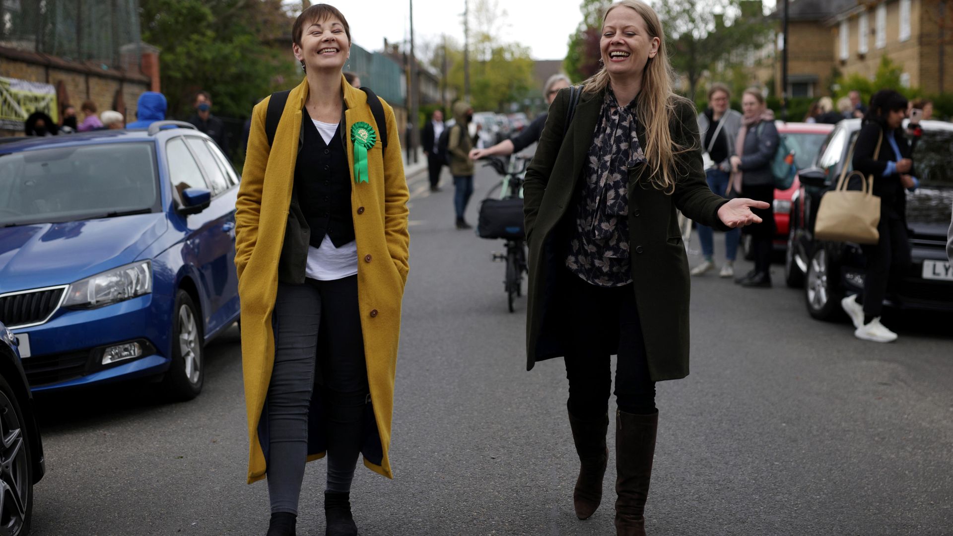 The Greens' only MP, Caroline Lucas, shares a joke with Sian Berry, the party's candidate for London mayor, on the campaign trail recently - Credit: Getty Images