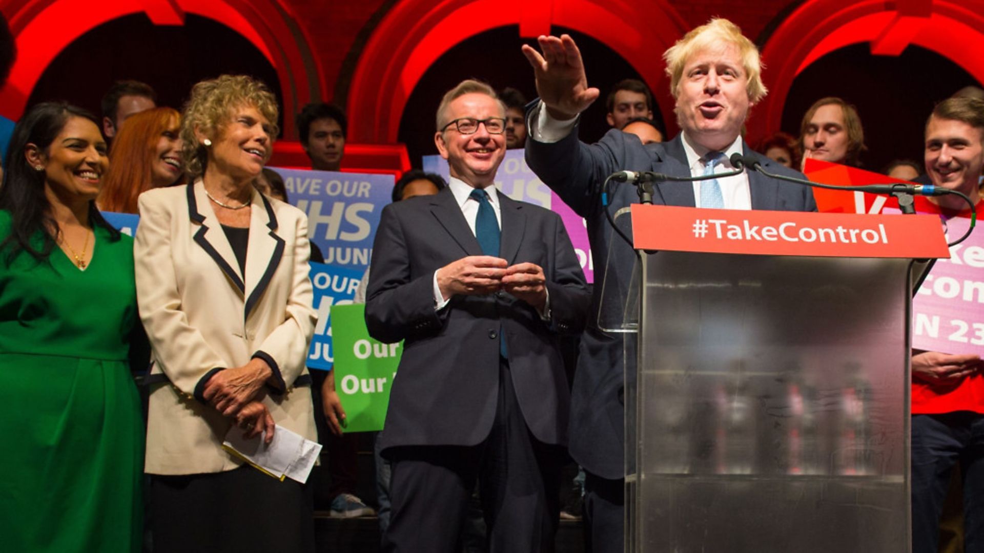 Boris Johnson (right) speaks alongside (from left to centre) Priti Patel, Kate Hoey and Michael Gove. - Credit: Dominic Lipinski/PA