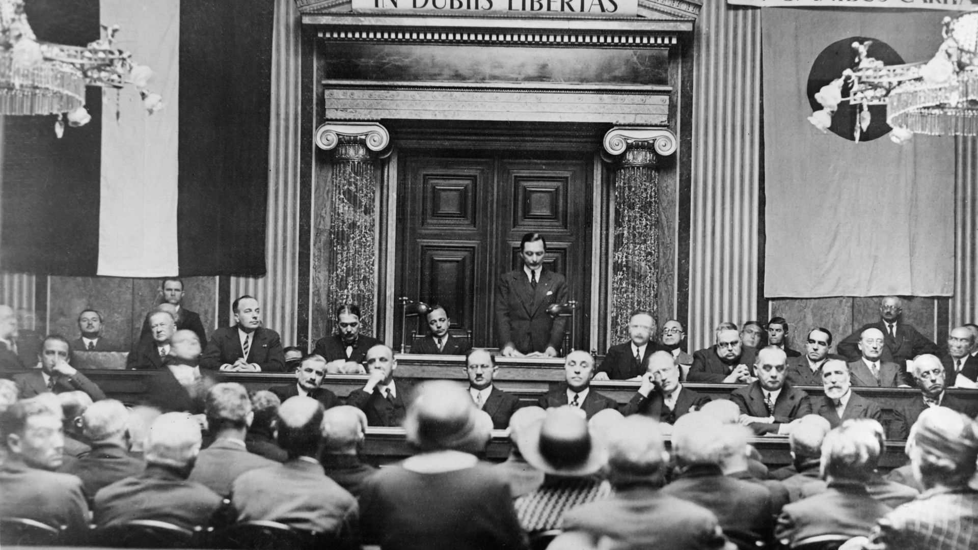 Richard Coudenhove-Kalergi, founder and president of the Pan American Union, opens the inaugural session of the Pan-American Congress in Vienna in May 1934 - Credit: Gamma-Keystone via Getty Images