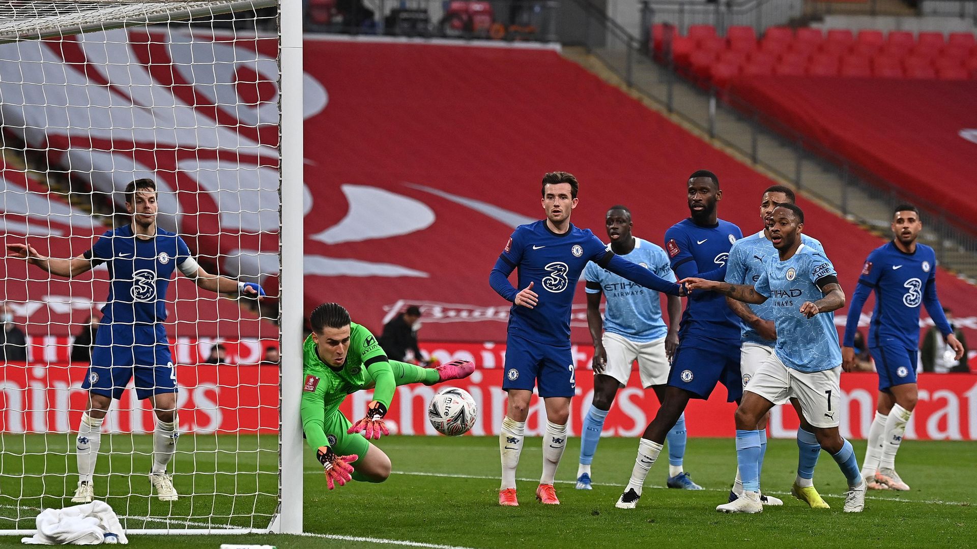 Chelsea Kepa Arrizabalaga makes a save in injury time during the FA Cup semi-final between Chelsea and Manchester City - Credit: Photo by BEN STANSALL/POOL/AFP via Getty Images