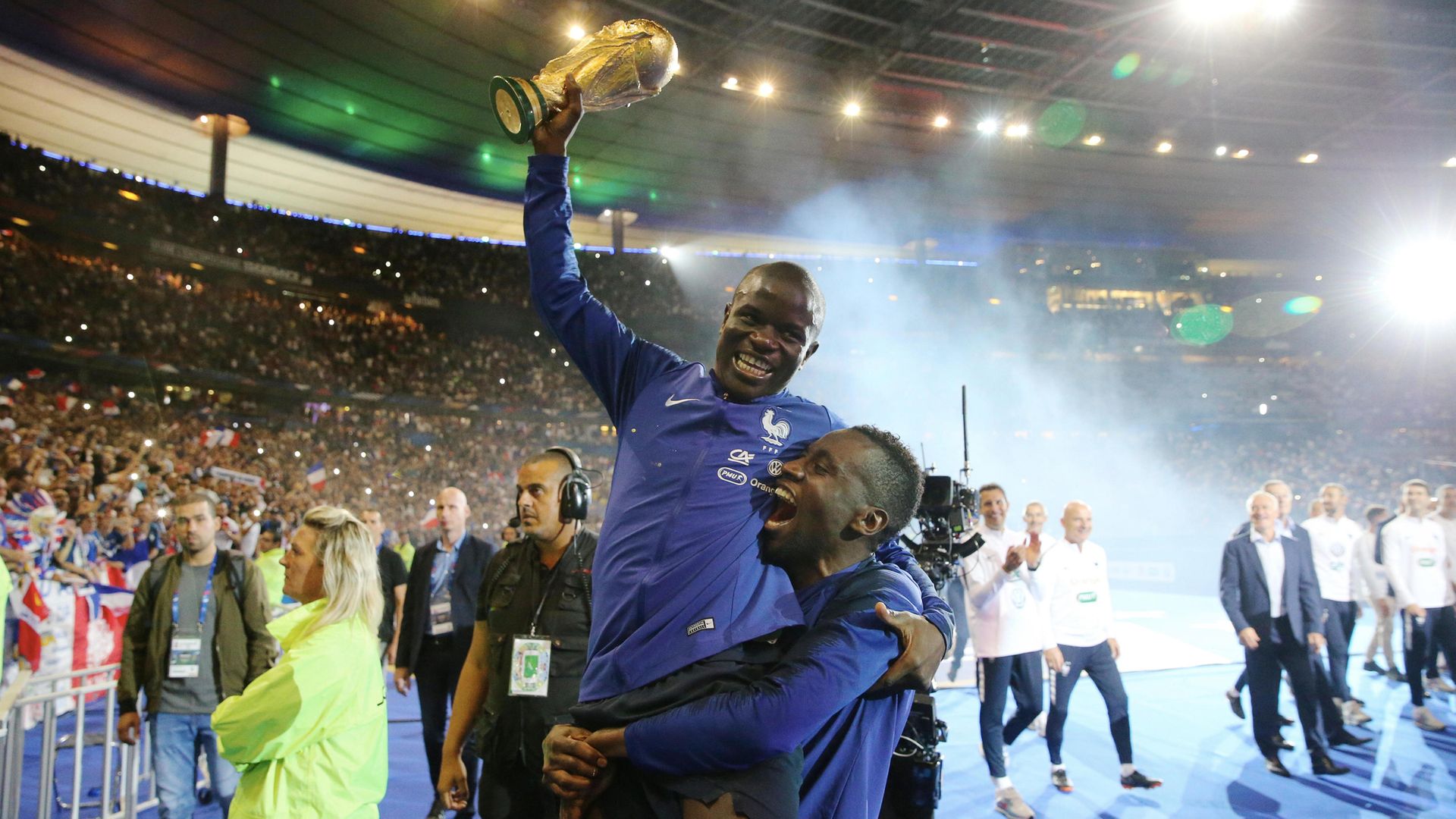 N'Golo Kante and Blaise Matuidi of France celebrate with the World Cup trophy - Credit: Photo by Xavier Laine/Getty Images