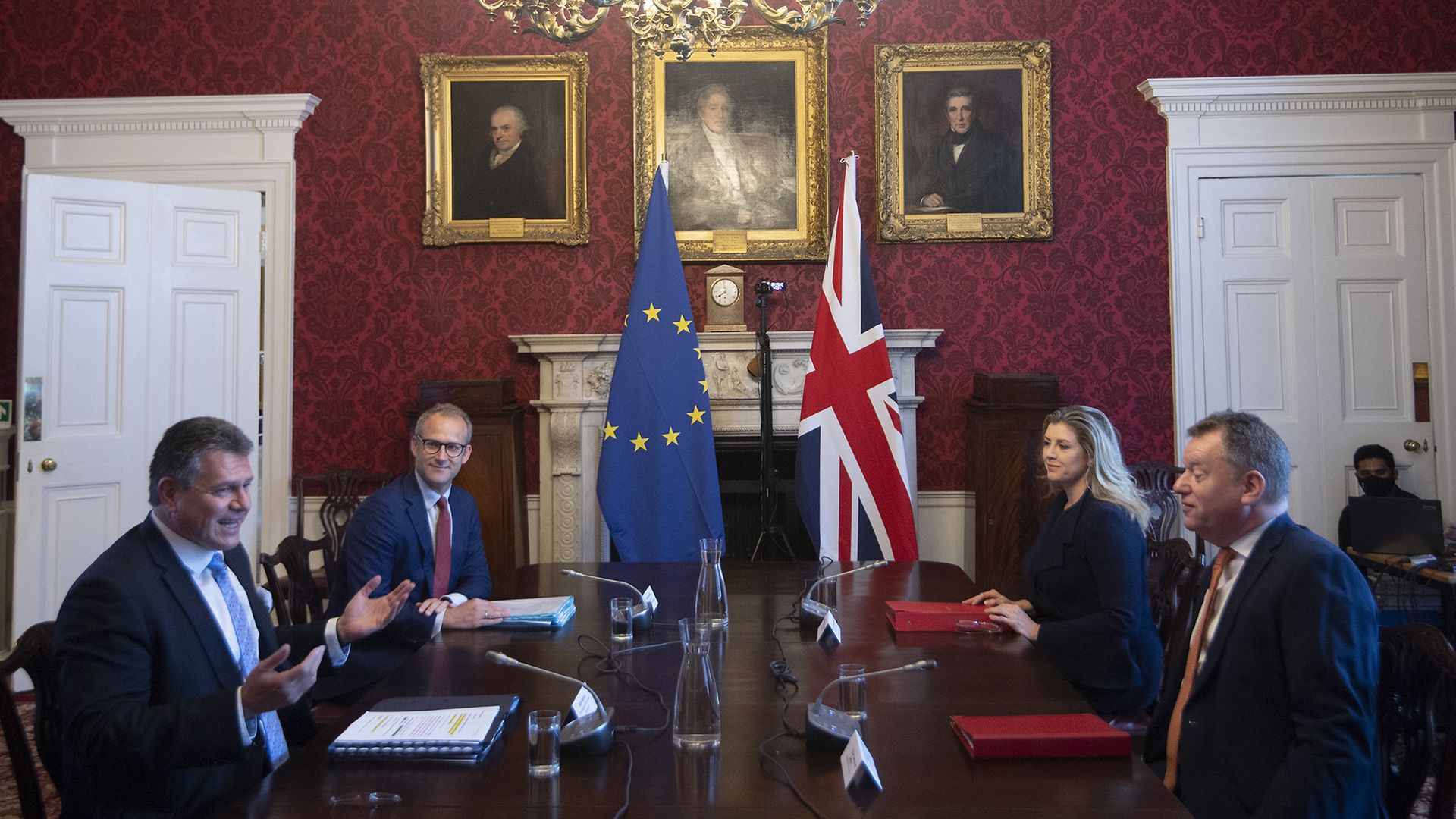 Brexit minister Lord Frost and Penny Mordaunt sitting opposite European Commission vice president Maros Sefcovic and Richard Szostak - Credit: PA