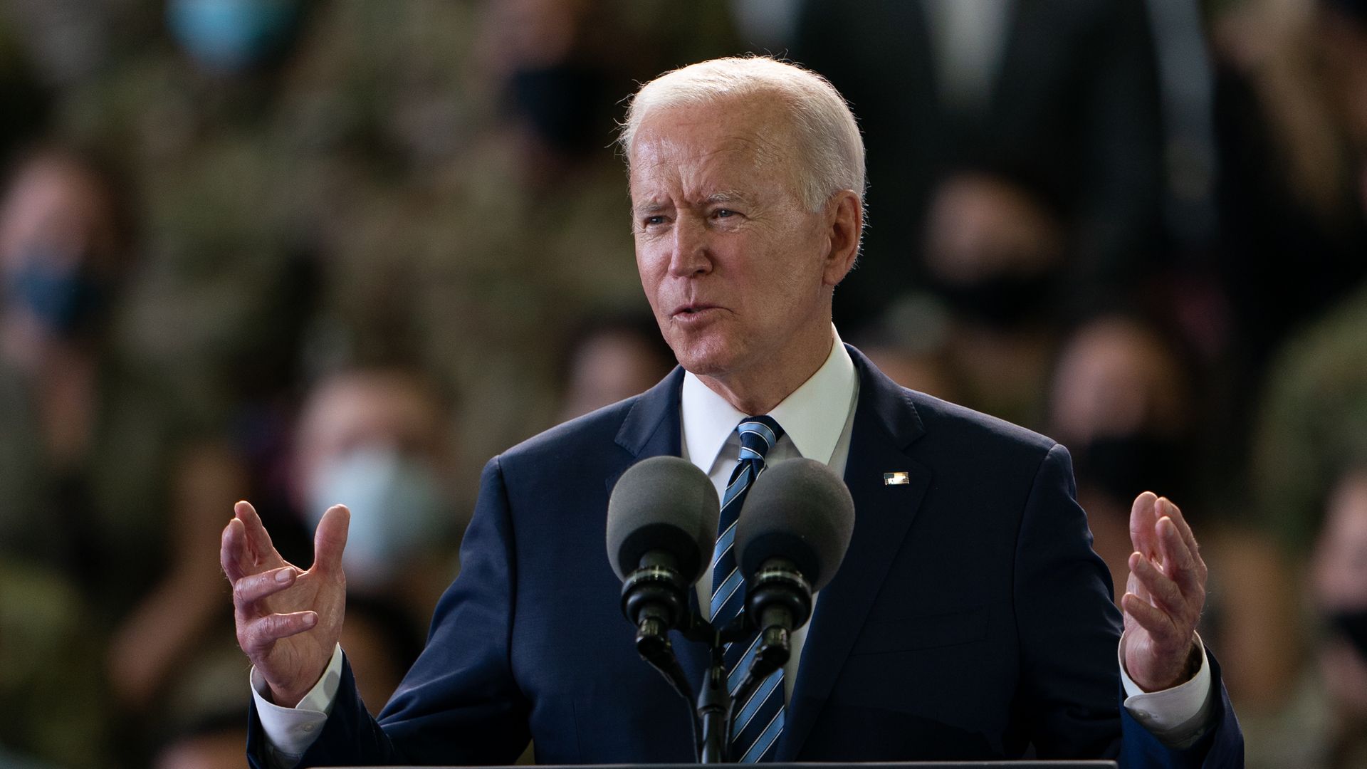 US President Joe Biden addresses US Air Force personnel at RAF Mildenhall in Suffolk, ahead of the G7 summit in Cornwall - Credit: PA