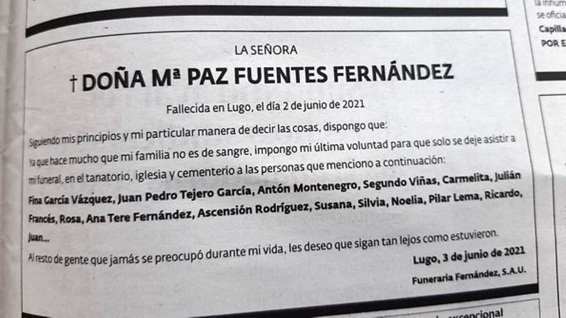 Th funeral notice for María Paz Fuentes Fernández - Credit: Twitter