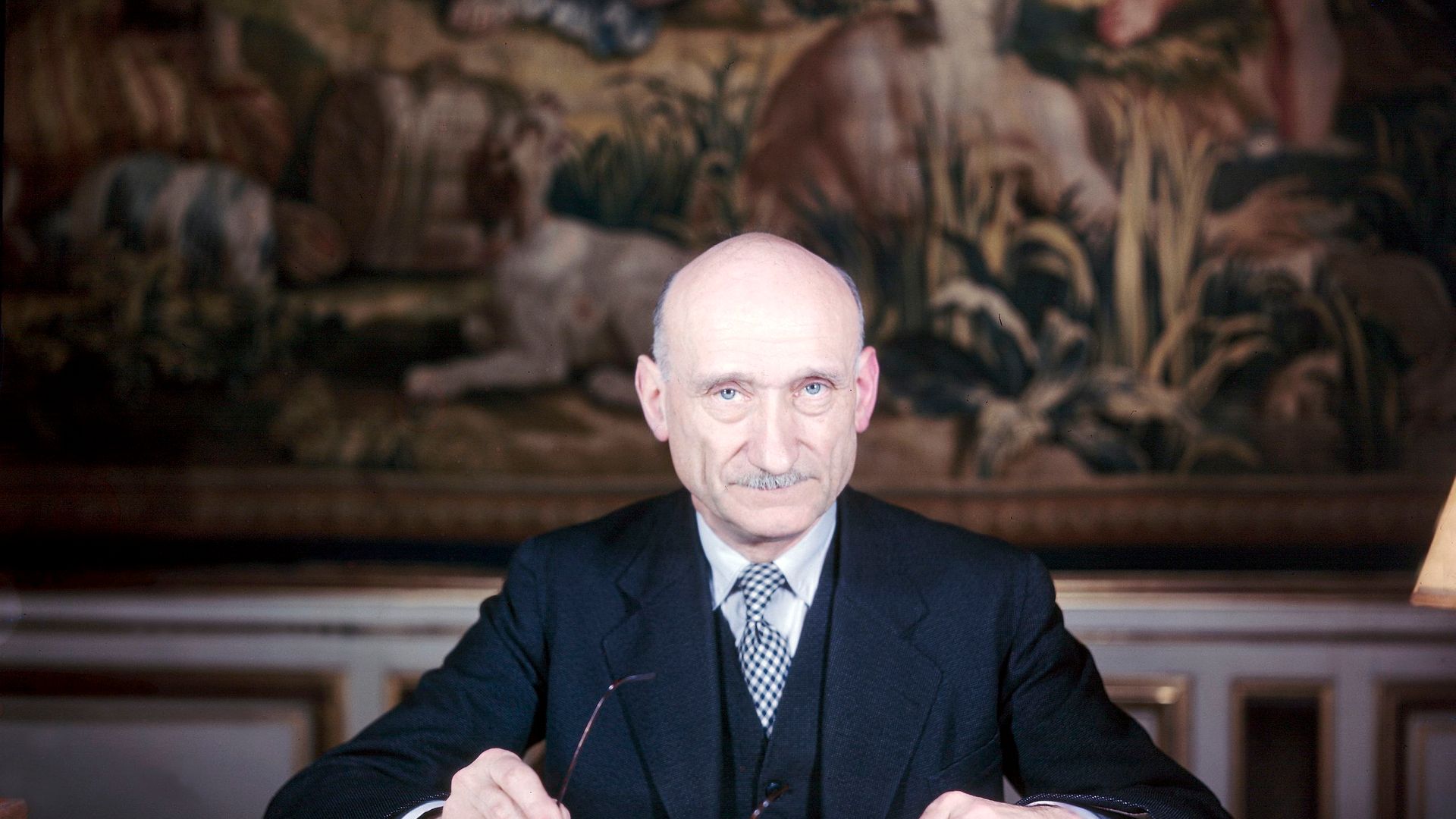 Robert Schuman at his desk in Strasbourg in around 1960 - Credit: Gamma-Keystone via Getty Images