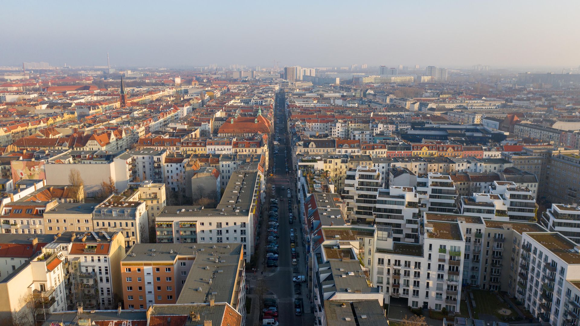 The Friedrichshain district of Berlin as seen from above, during the city's recent lockdown. The neighbourhood is considered one of the German capital's trendiest - Credit: Getty Images