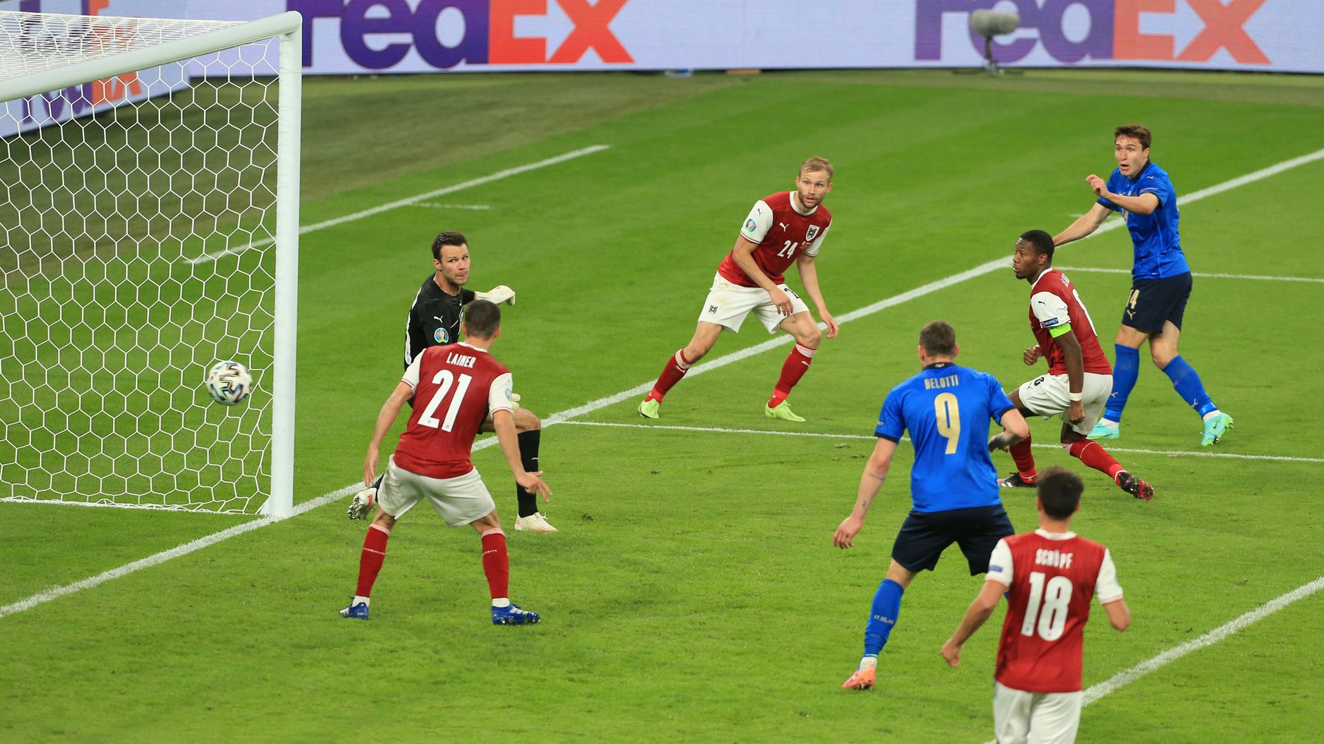 Federico Chiesa of Italy, far right, scores Italy's opening goal against Austria in their Euros round of 16 victory - Credit: Photo by Simon Stacpoole/Offside/Offside via Getty Images