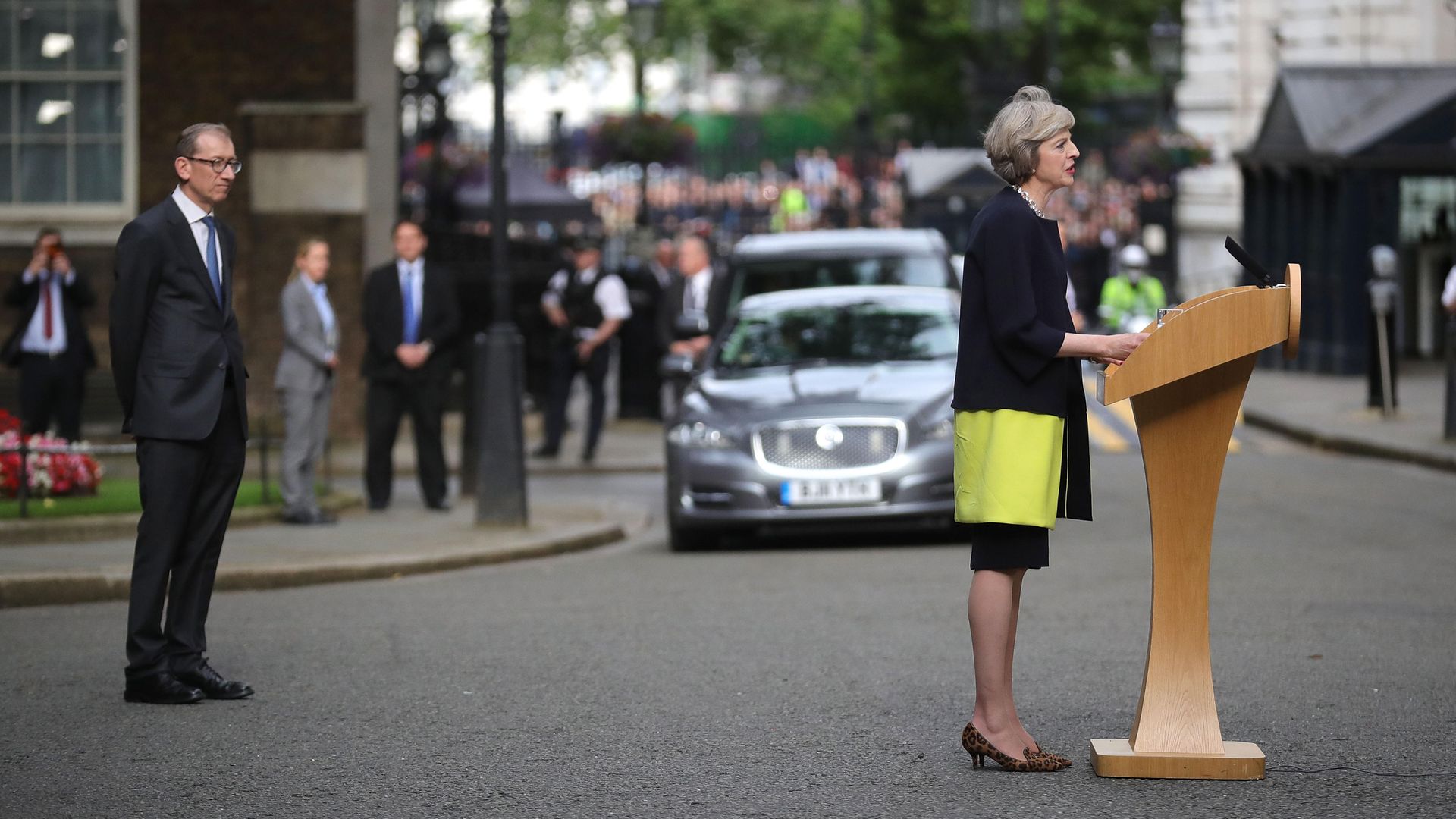 Theresa May, with husband Philip looking on, on the day she became prime minister, July 13, 2016 - Credit: Getty Images