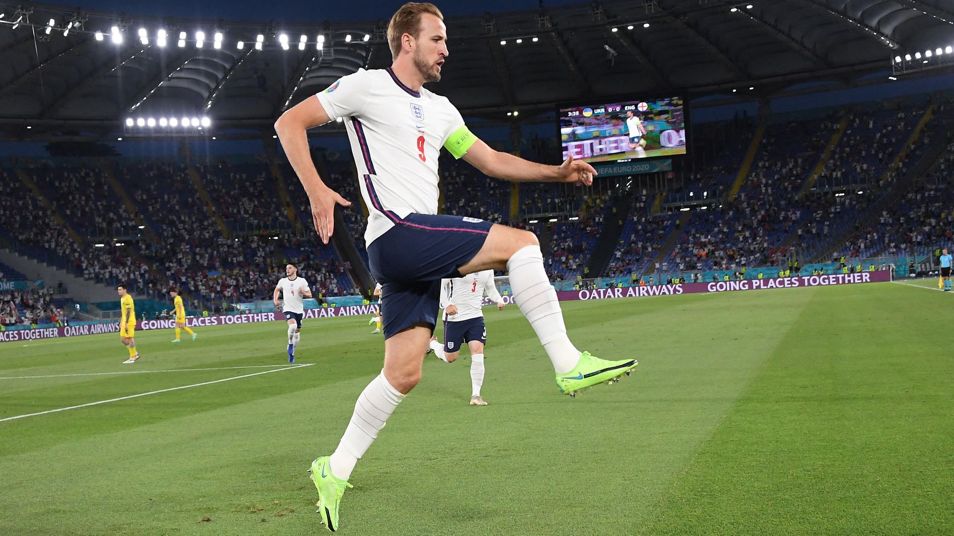 Harry Kane celebrates after scoring the first goal during England's 4-0 victory over Ukraine in Rome's Olympic Stadium - Credit: POOL/AFP via Getty Images