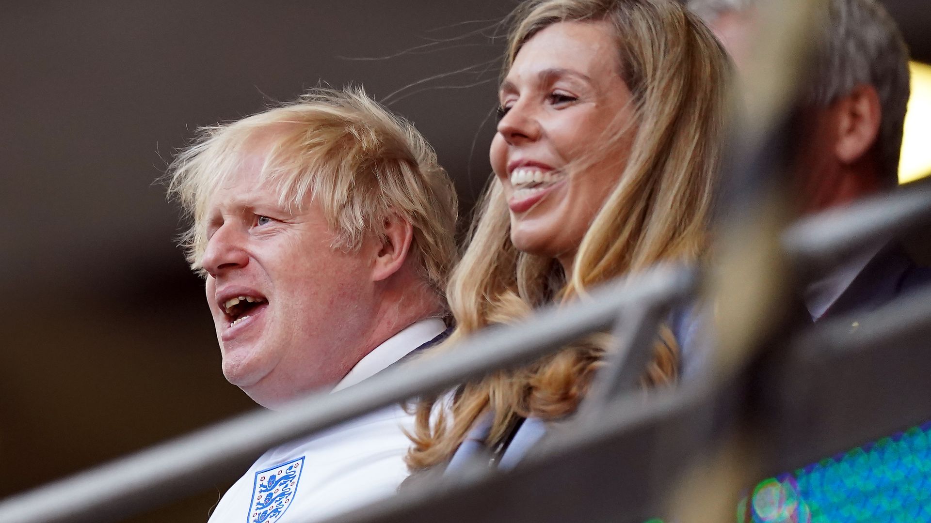 Prime minister Boris Johnson and Carrie Johnson in the stands during the UEFA Euro 2020 semi final match - Credit: PA