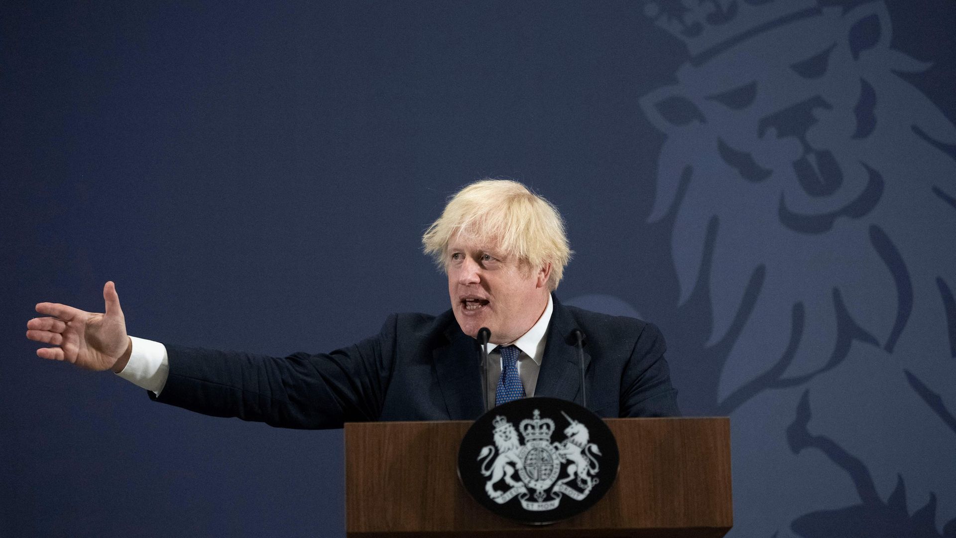 Boris Johnson gesticulates during his rambling and detail-light speech on levelling up in the regions - Credit: Photo by David Rose / POOL / AFP via Getty Images