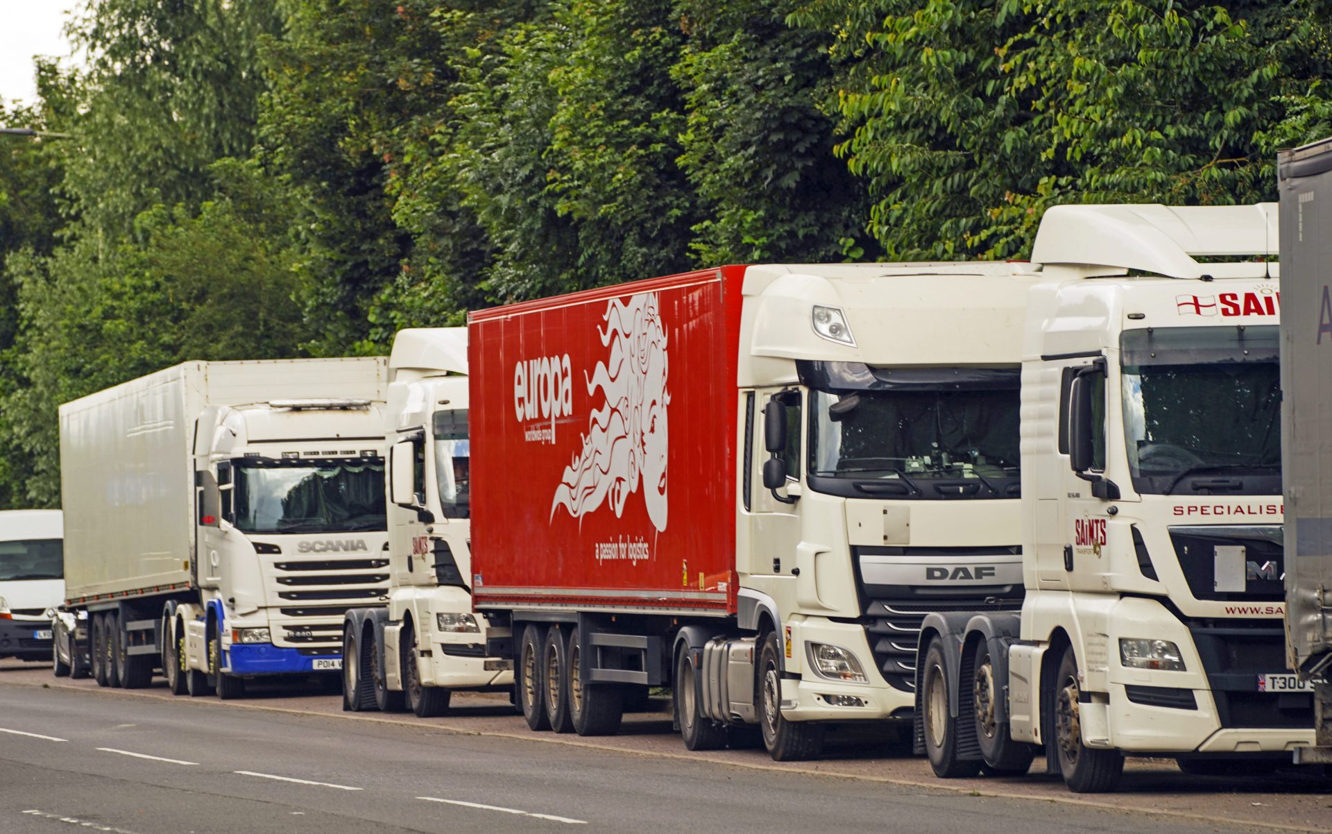 HGV lorries in a lay-by in Colnbrook, Berkshire, for their rest period. The Government has announced a temporary extension to lorry drivers' hours from Monday July 12th, amid a shortage of workers. Credit: Steve Parsons/PA Wire/PA Images