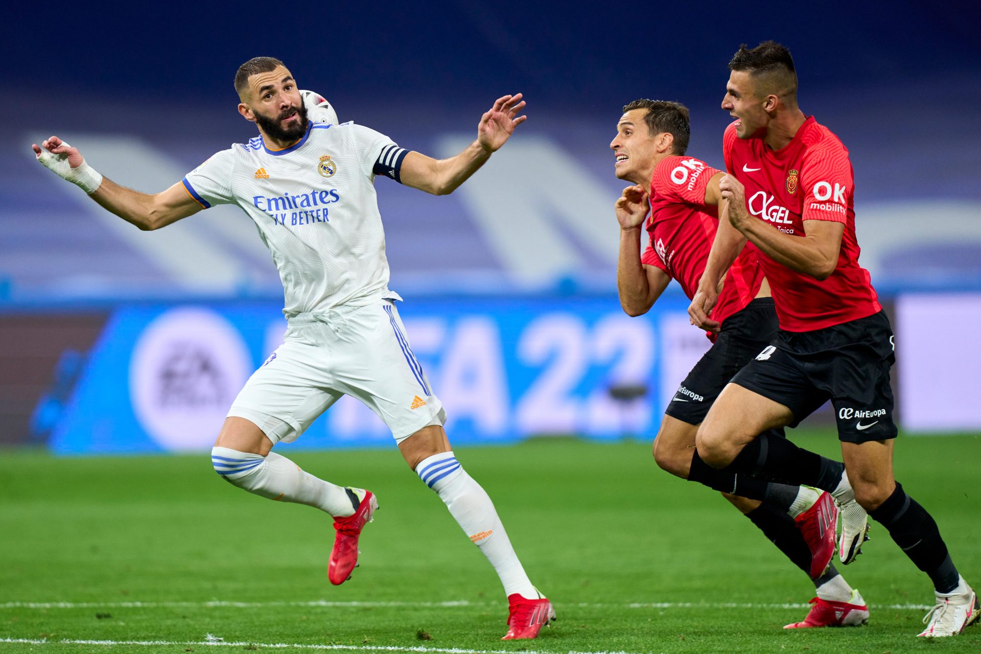 Spot the ball... Karim Benzema controls the ball before scoring
against Mallorca in a recent match.
Below, Real Madrid president Florentino Pérez. Credit: 2021 Quality Sport Images/Getty