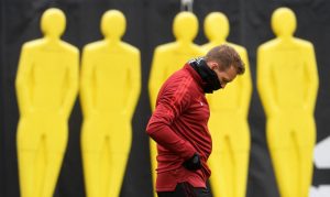 An unwell-looking Bayern Munich coach Julian Nagelsmann at a training session on October 19, the day before he tested positive for Covid-19. Photo: Christof Stache/ AFP via Getty Images