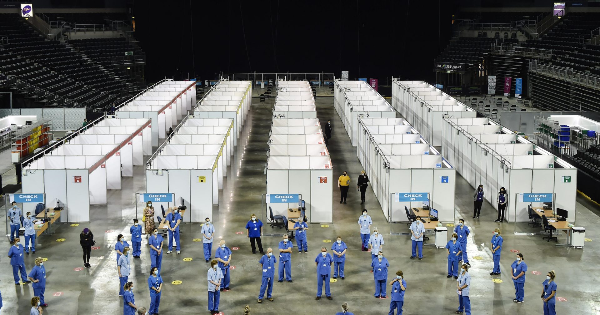 A dystopian-looking vaccine centre at Belfast’s Odyssey Arena. Photo: Charles McQuillan.