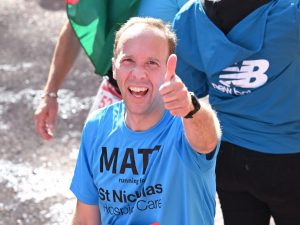 Matt Hancock gives a thumbs-up after completing the London Marathon. Photo: Karwai Tang/WireImage.